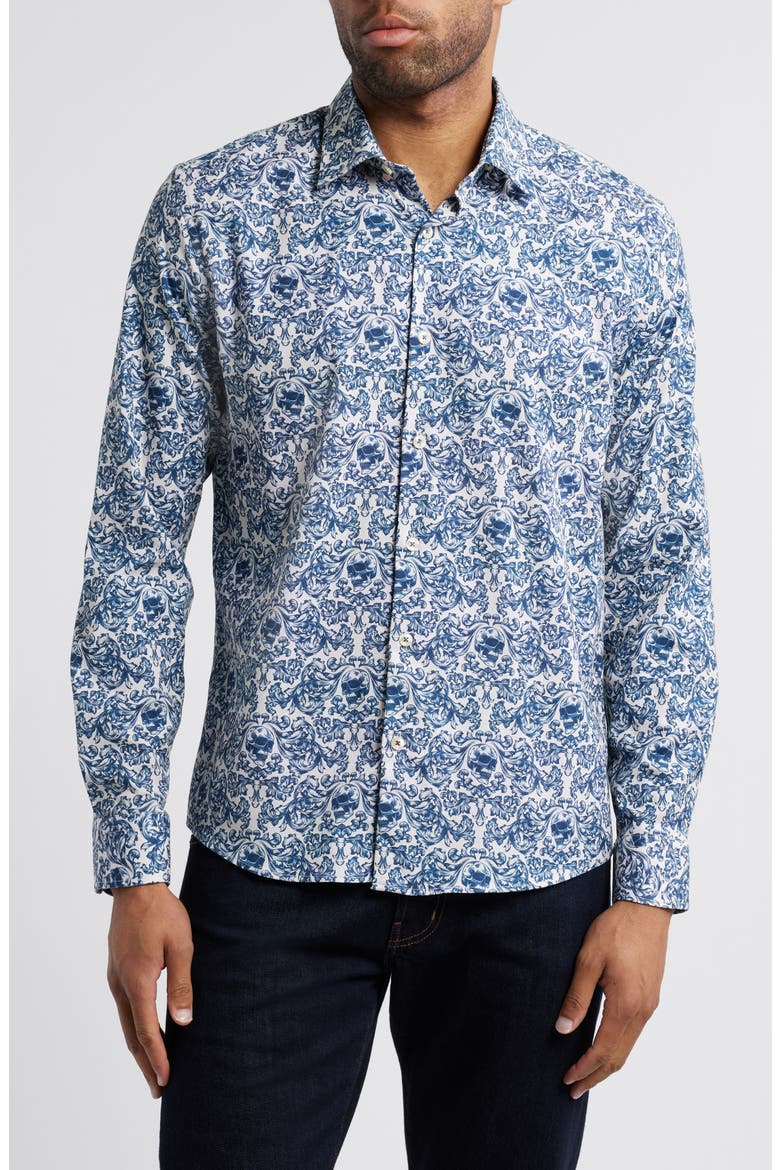 Fancy Skulls Button-Up Shirt, Main, color, BLUE/CREAM