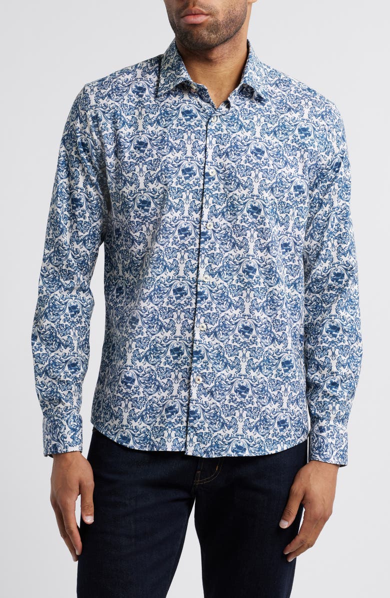 Stone Rose Fancy Skulls Button-Up Shirt, Main, color, Blue/Cream