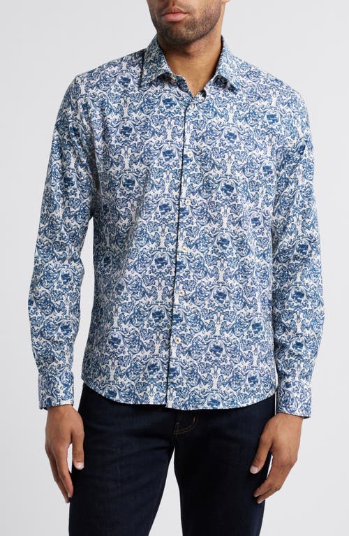 Stone Rose Fancy Skulls Button-Up Shirt in Blue/cream 