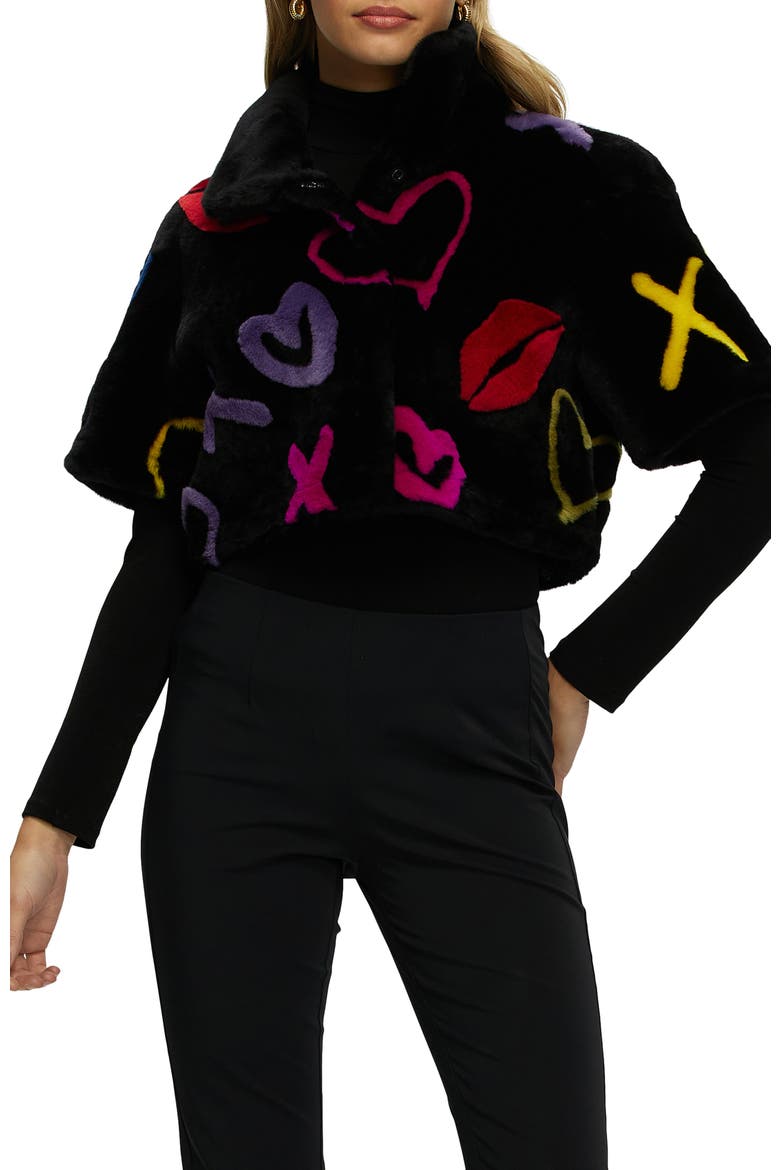 Reversible Genuine Shearling XO Intarsia Bolero with Cropped Sleeves, Main, color, BLACK/XO MULTI