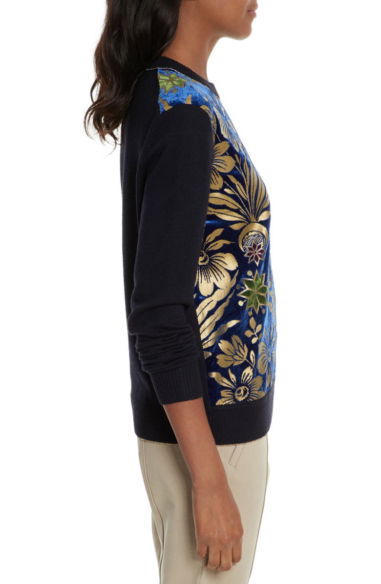 Tory Burch Hollis Print Velvet Front Sweater, Alternate, color,