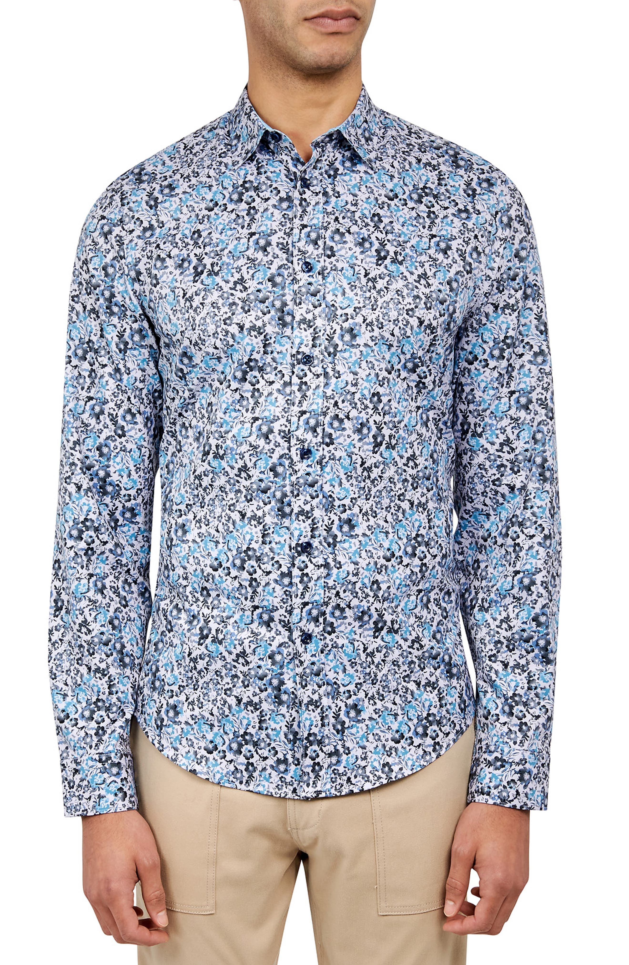 Brooklyn Brigade Floral 4-way Stretch Performance Long Sleeve Shirt In Lt Blue Grey