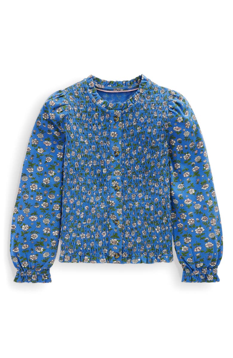 Mini Boden Kids' Floral Smocked Knit Button-Up Shirt, Main, color, Blue Floral