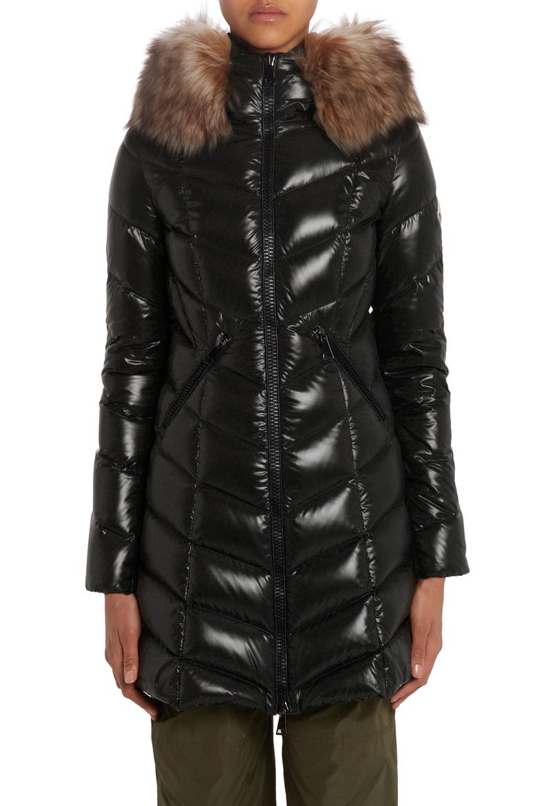 Marre Quilted Down Coat with Removable Genuine Shearling Trim, Main, color, BLACK