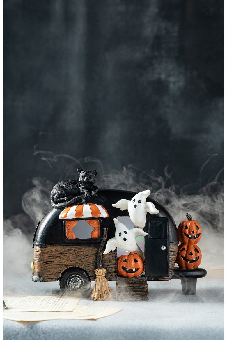 Halloween Polyresin Lighted Camper with Ghost Black Cat Table Decor, Alternate, color, Black