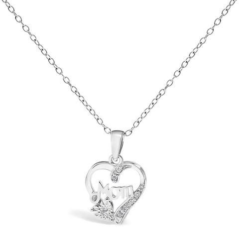 Silver Diamond Accent Mom with Heart Pendant Necklace  Inches