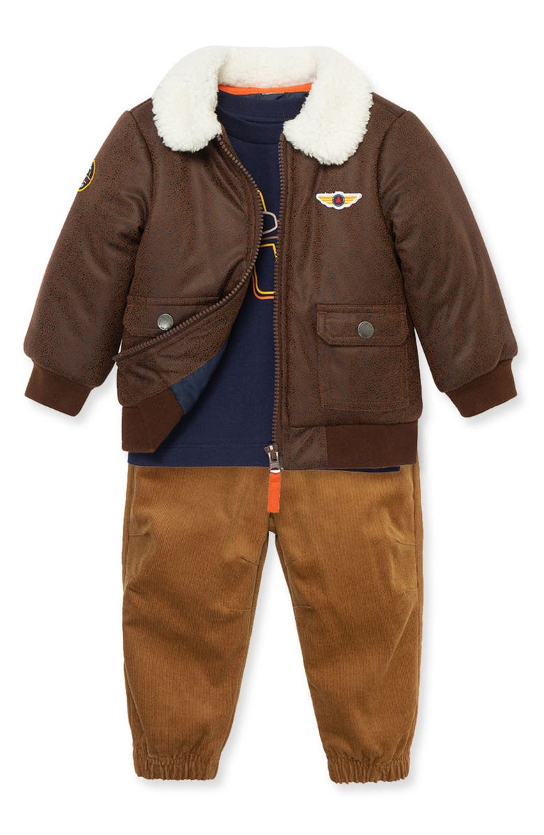 Little Me Aviator Bomber Jacket, Graphic T-Shirt & Corduroy Pants Set, Alternate, color,