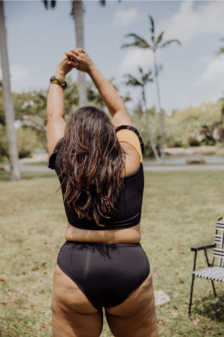 Cali Off-The-Shoulder Bikini Crop Top With Short Sleeves, Alternate, color, Black and Mustard Yellow