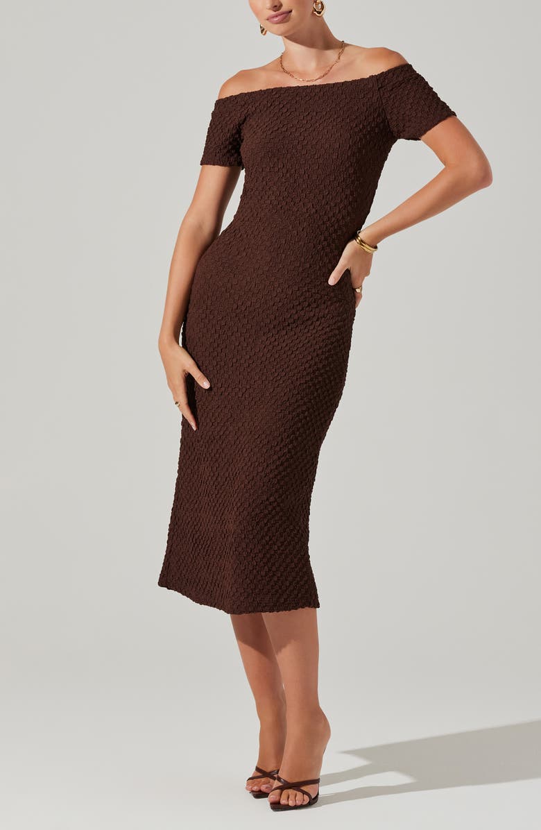 ASTR the Label Promise Off the Shoulder Short Sleeve Midi Dress, Alternate, color, Brown
