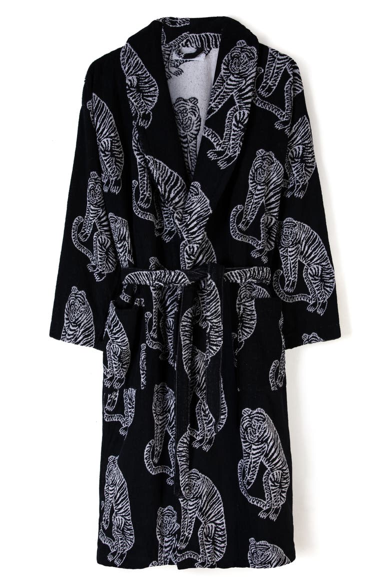 Print Cotton Terry Cloth Robe, Alternate, color, BLACK/ CREAM