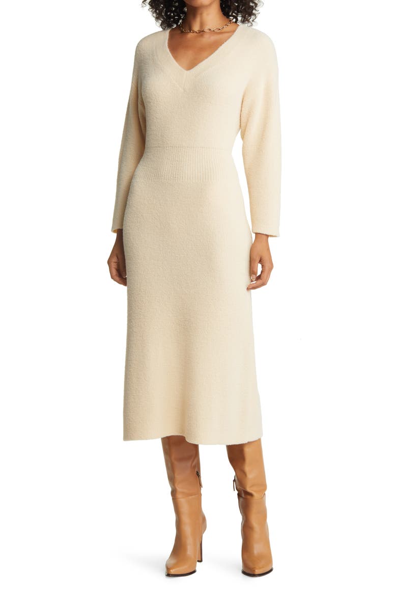 Off the Shoulder Long Sleeve Midi Sweater Dress, Main, color, BEIGE BURNT