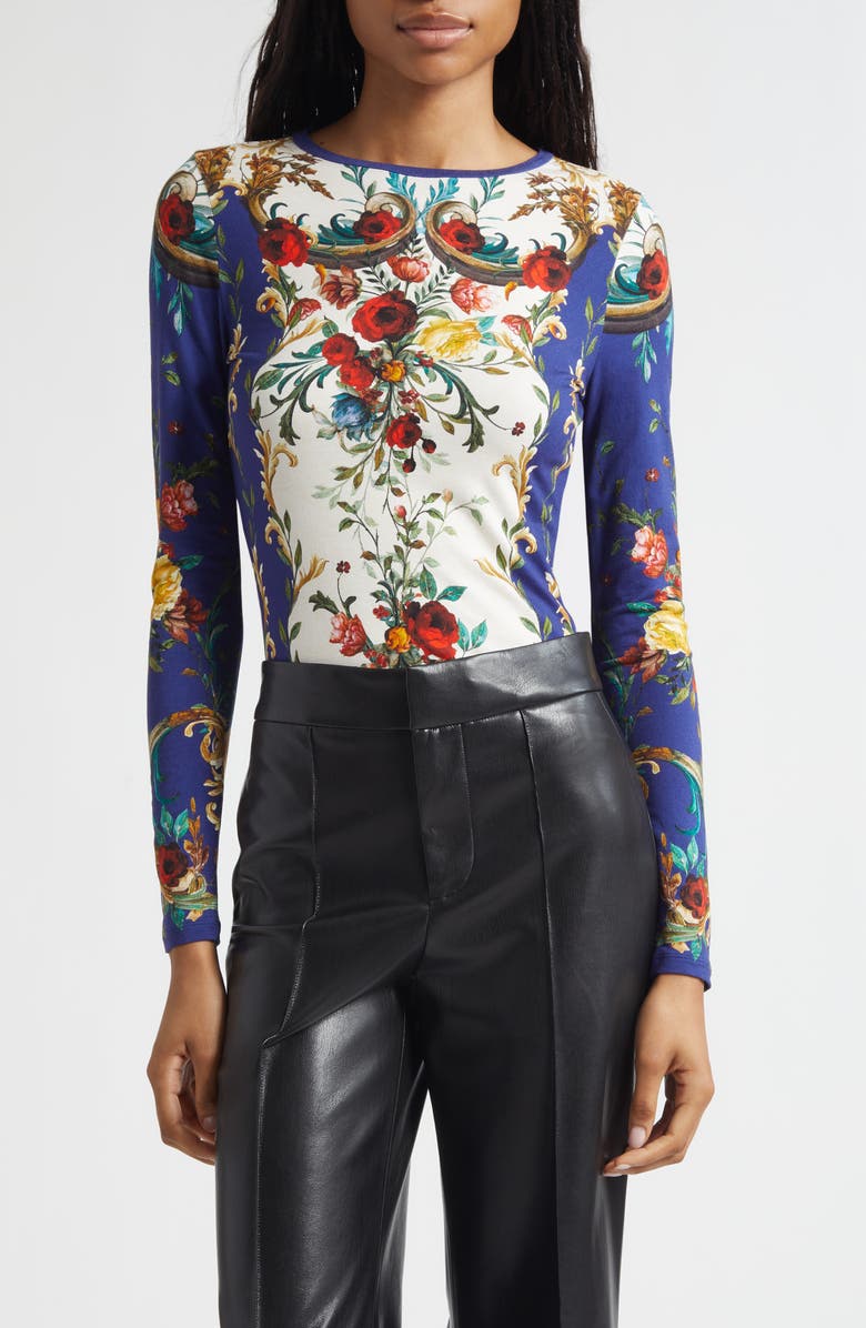 Alice + Olivia Delaina Floral Long Sleeve Mesh Top, Main, color, Gilded Rose