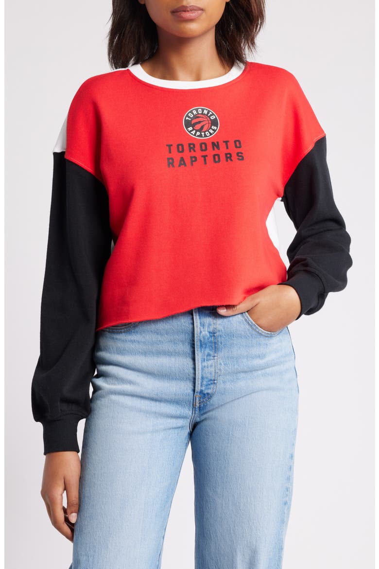 Women's WEAR by Erin Andrews Heather Red Toronto Raptors Mixed Letter Cropped Pullover Sweatshirt, Main, color, Heather Red