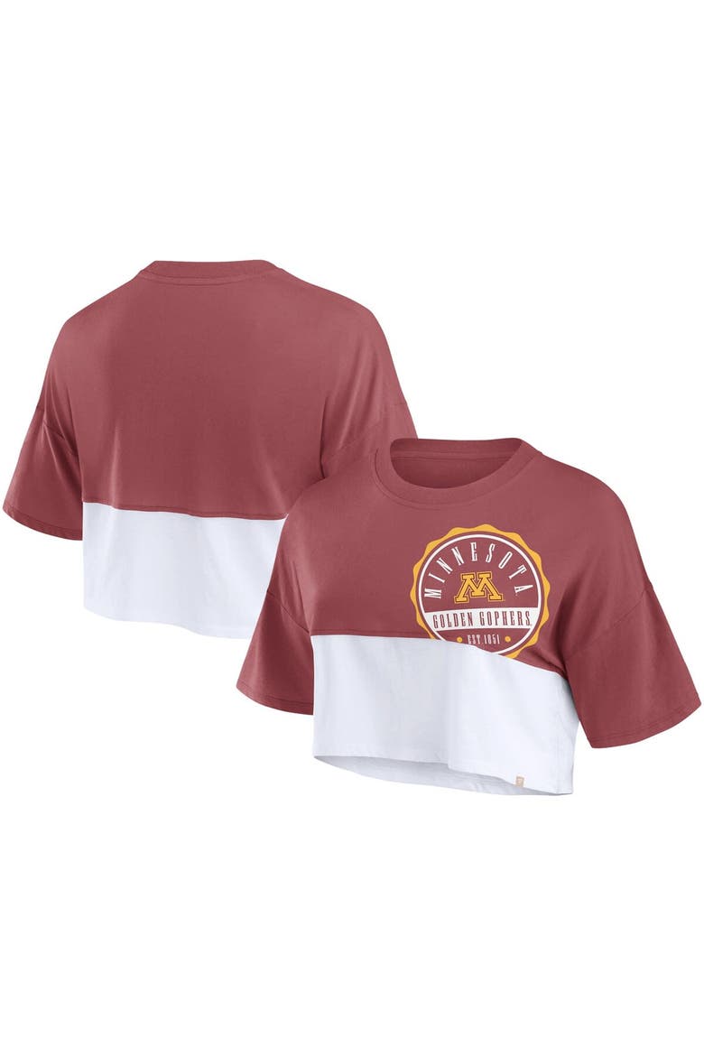 Women's Fanatics Branded Maroon/White Minnesota Golden Gophers Oversized Badge Colorblock Cropped T-Shirt, Main, color, Maroon