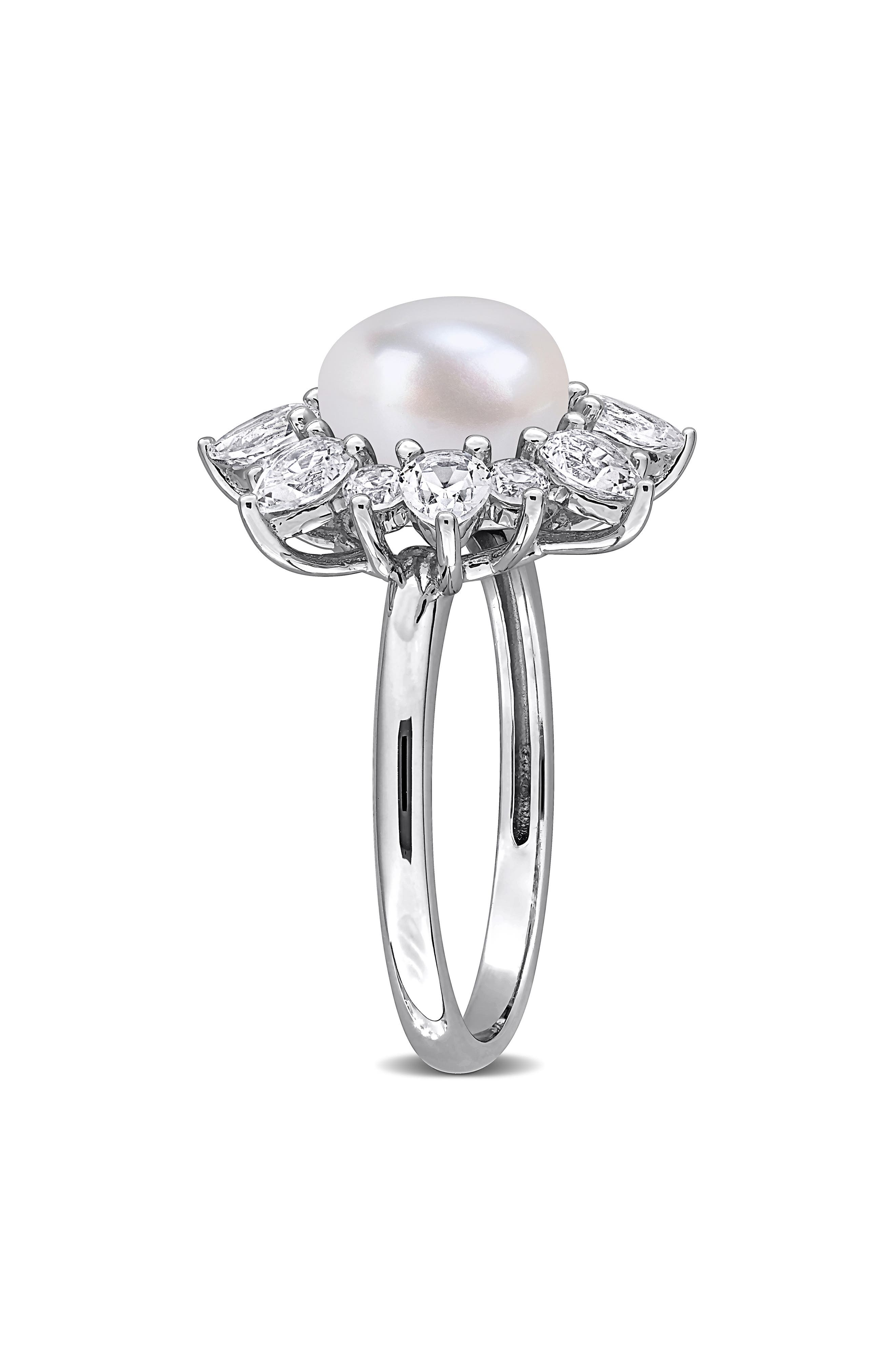 DELMAR Cultured White Pearl & Lab Grown Sapphire Halo Ring (Women ...