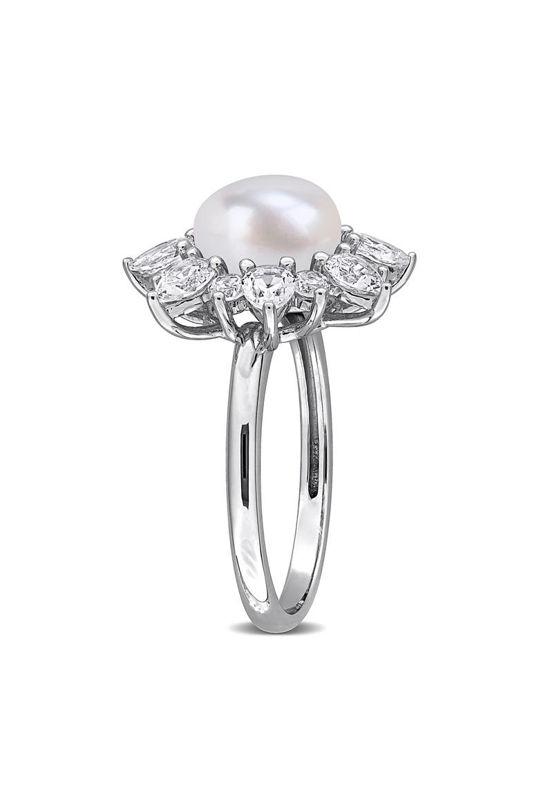 Cultured White Pearl & Lab Grown Sapphire Halo Ring, Alternate, color, WHITE GOLD