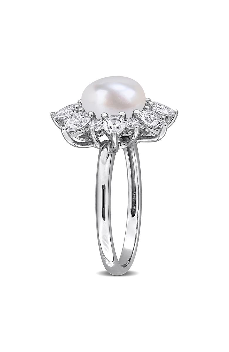 DELMAR Cultured White Pearl & Lab Grown Sapphire Halo Ring, Alternate, color, 