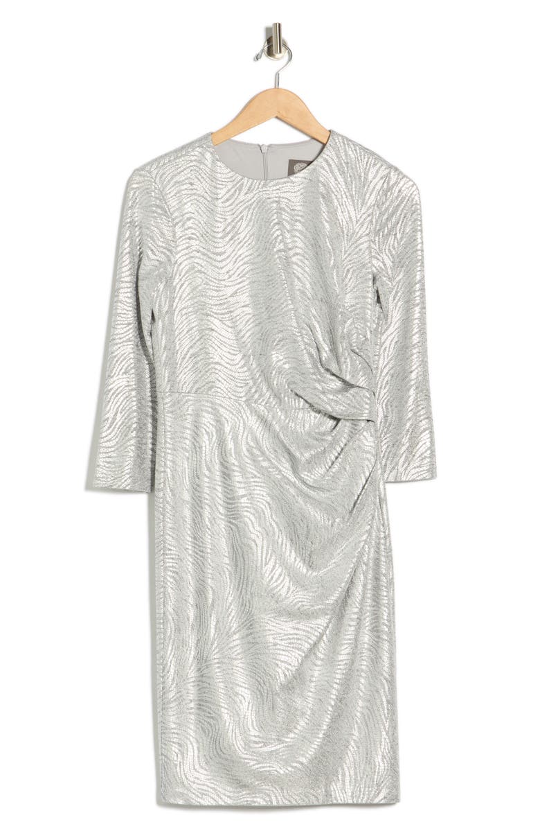 Vince Camuto Foiled Pleated Sheath Dress, Alternate, color, Silver