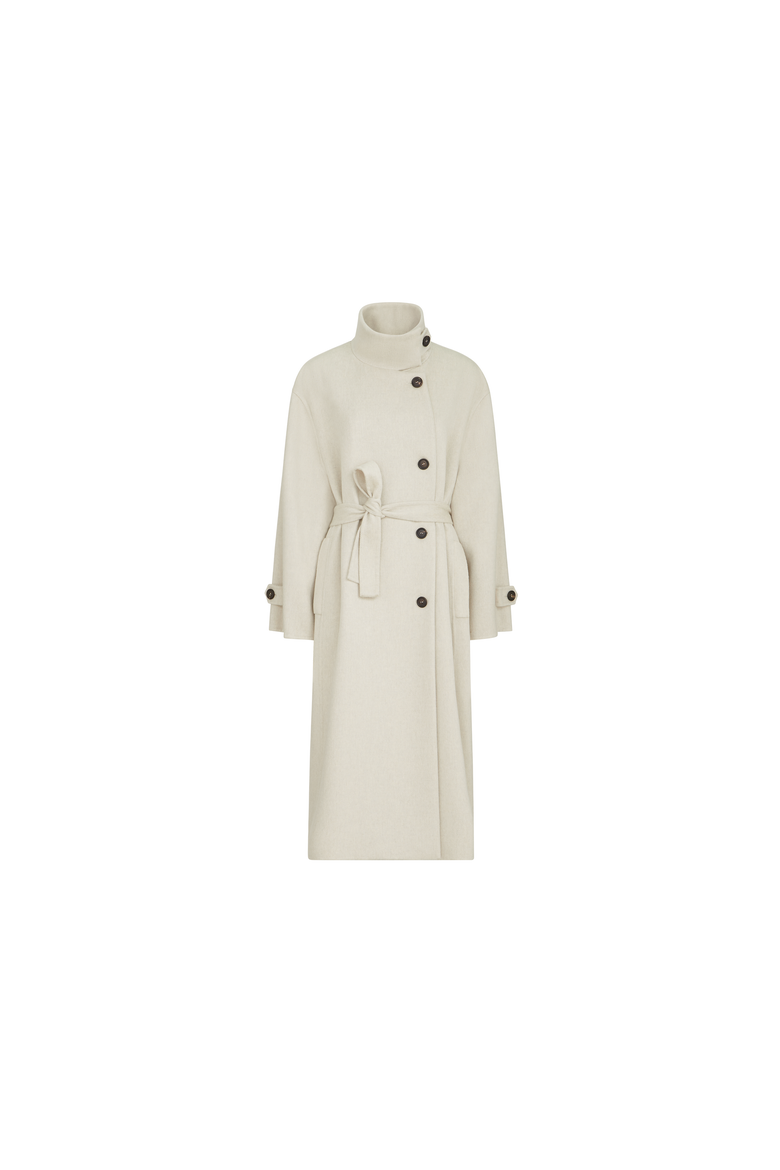 Hand-crafted coat in cashmere beaver double cloth with belt and monili, Alternate, color, Ivory