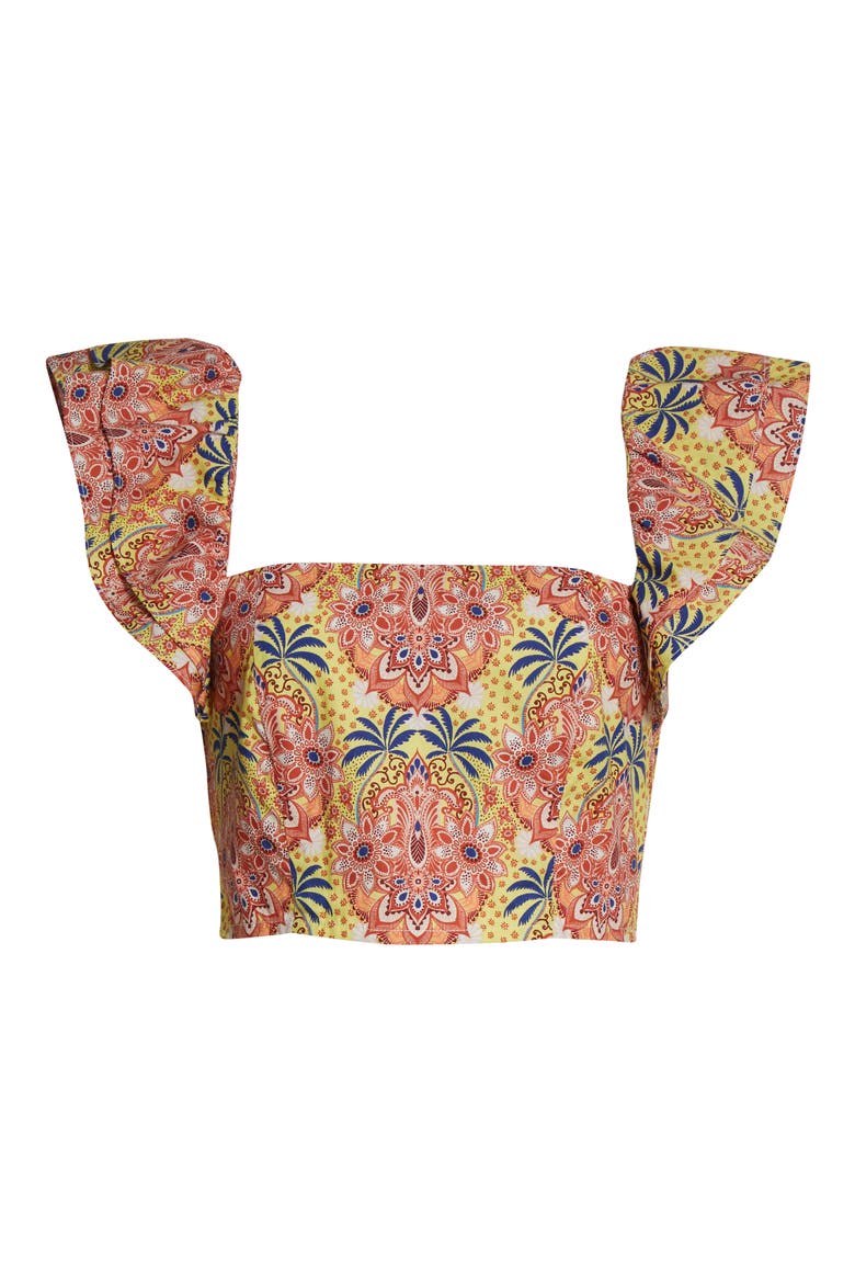 Darby Flutter Sleeve Cotton Crop Top, Alternate, color, PALM MEDALLION YELLOW