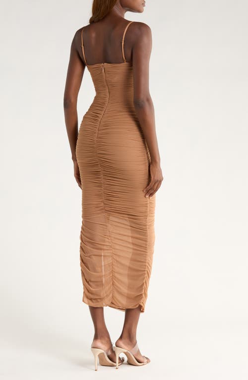 House Of Cb Fornarina Ruched Mesh Maxi Dress In Brown