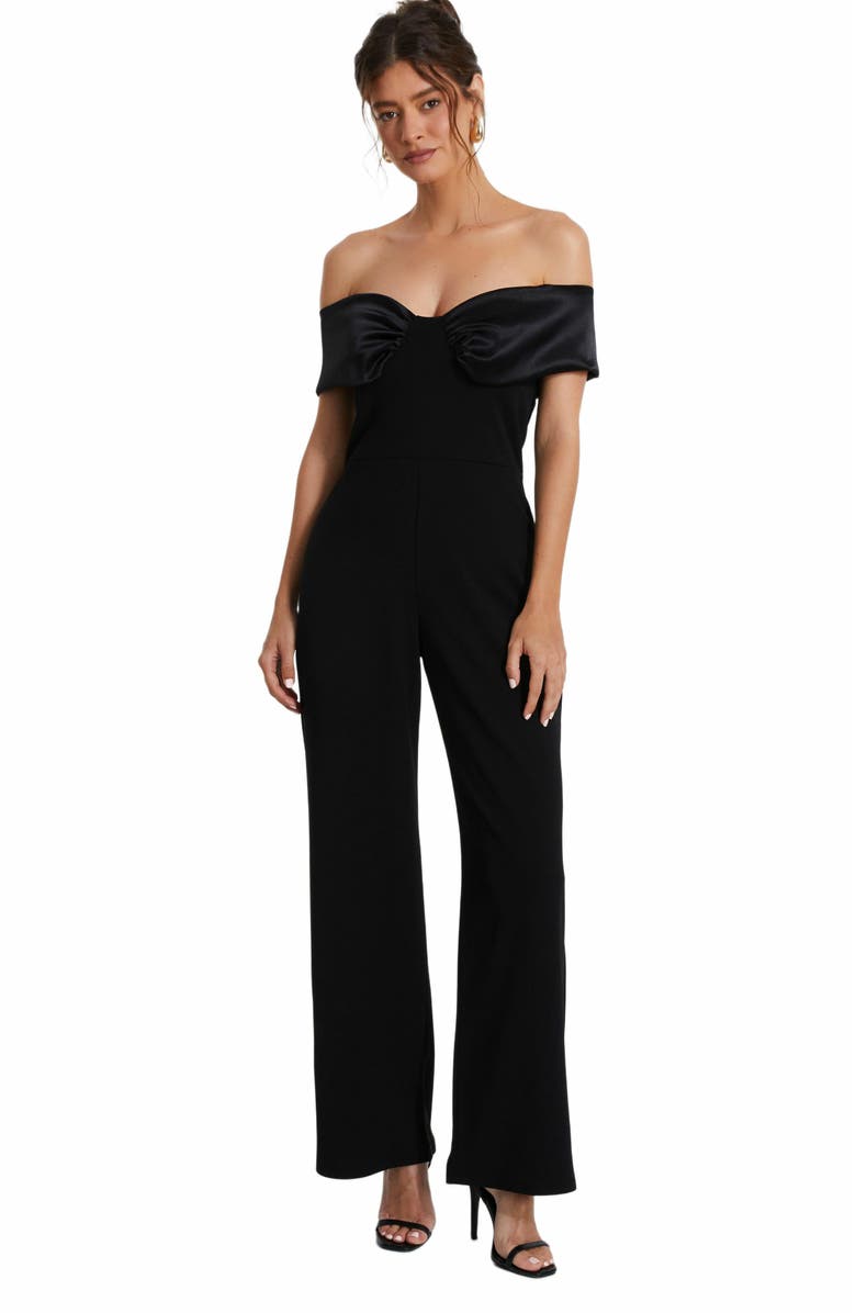 QUIZ Bardot Scuba Crepe Jumpsuit With Satin Trim, Main, color, 