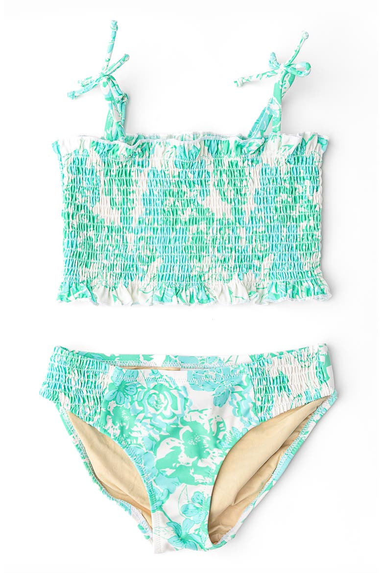 Kids' Charming Rose Smocked Two-Piece UPF 50+ Swimsuit, Alternate, color, GREEN