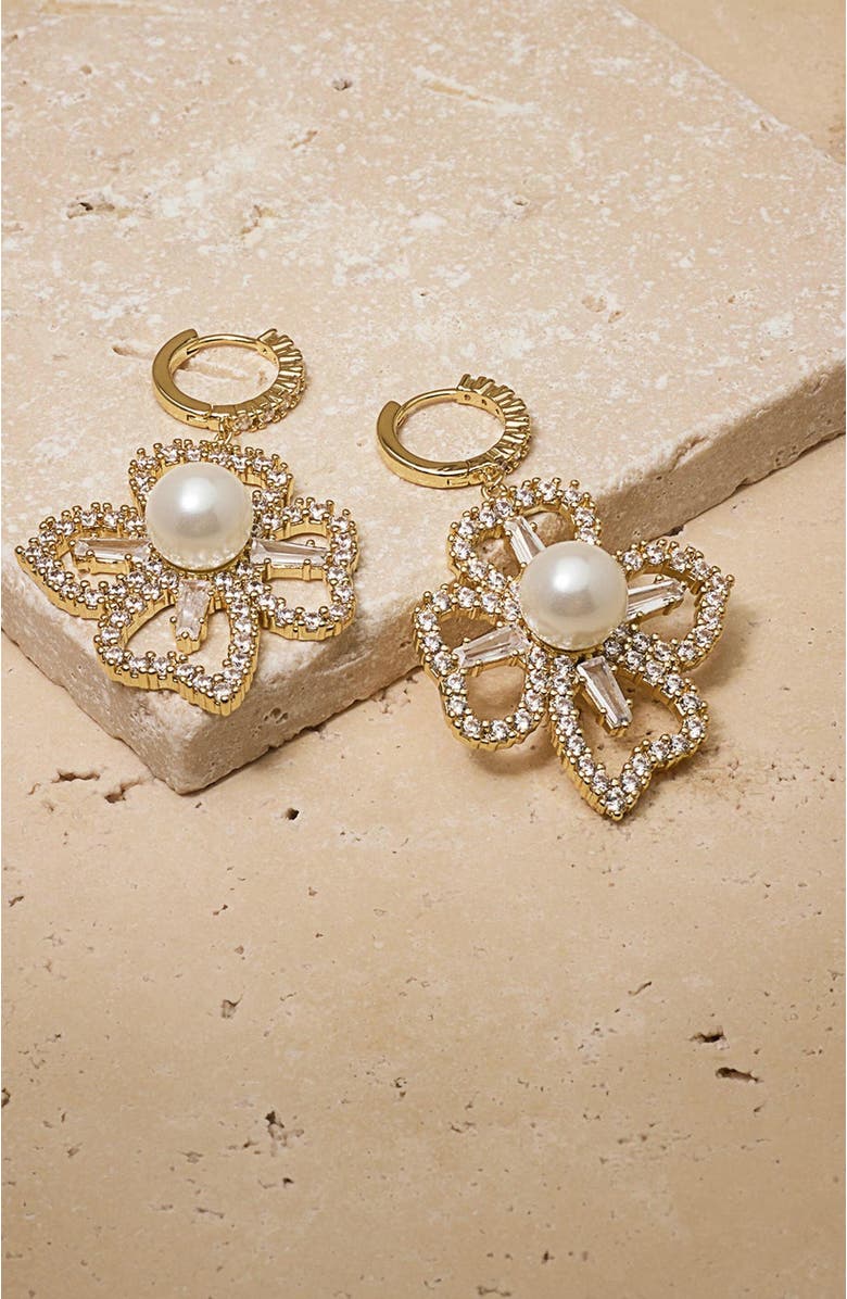 Untamed Petals Holly Pearl & Crystal Flower Drop Earrings, Alternate, color, Gold