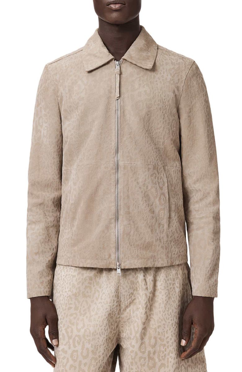 AllSaints Hockley Debossed Animal Print Suede Jacket, Main, color, Pasilla Brown