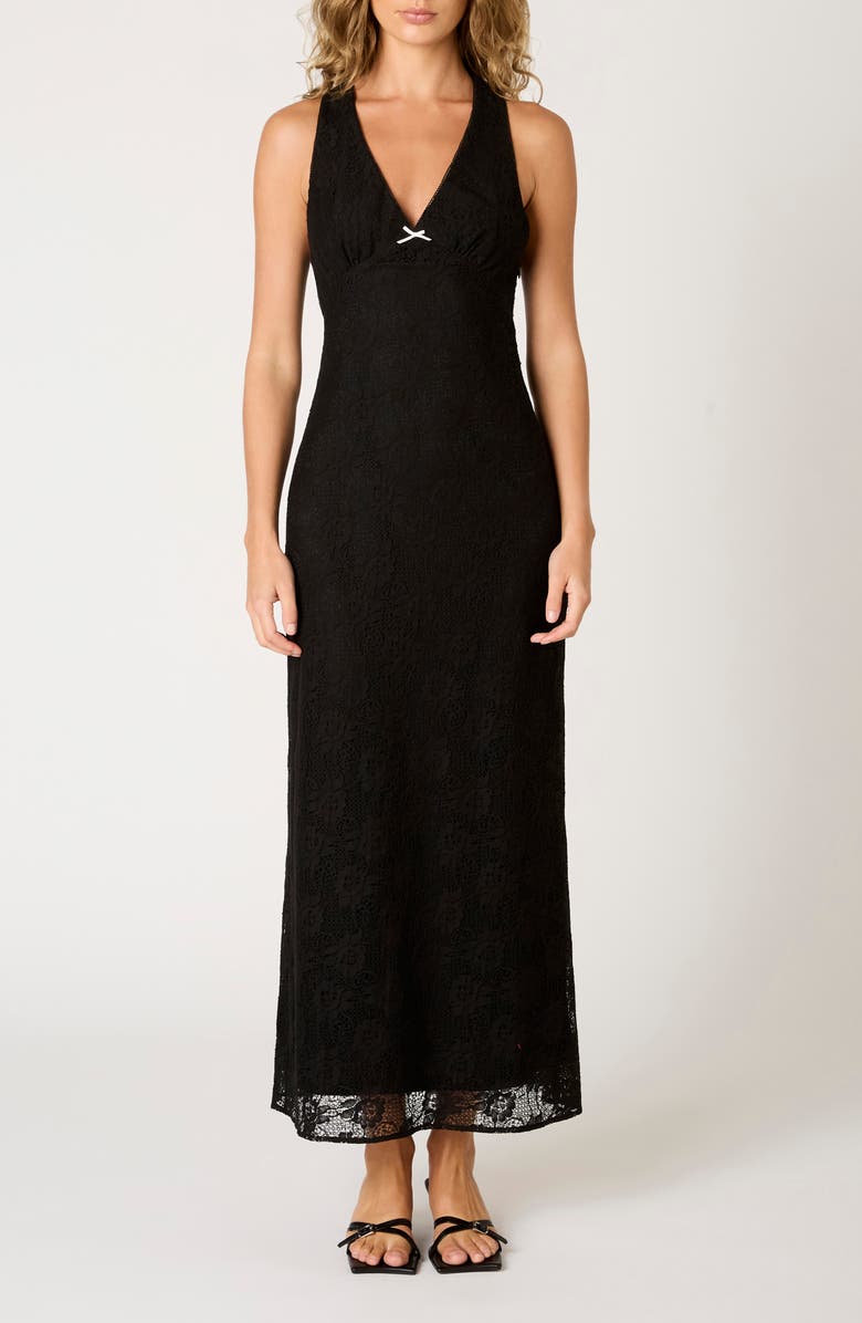 Nia Tasha Cross Back Stretch Cotton Blend Lace Dress, Main, color, Black