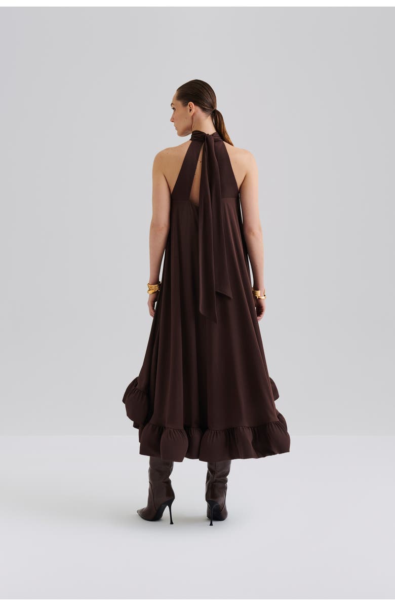 Malina Sabrina Halterneck Ruffled Maxi Dress, Alternate, color, Chocolate