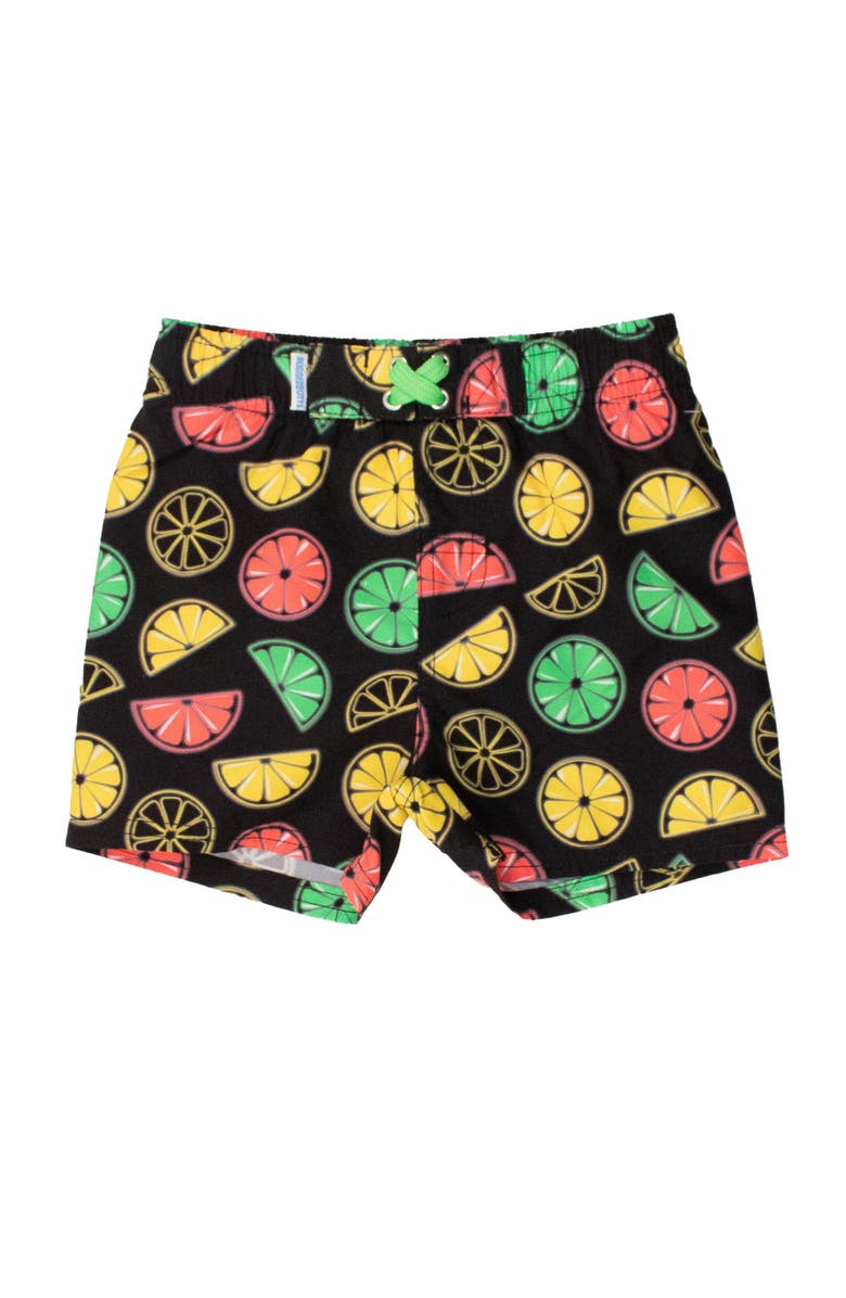 RuggedButts Toddler Boys UPF50+ Swim Trunks, Main, color, Neon Black Citrus