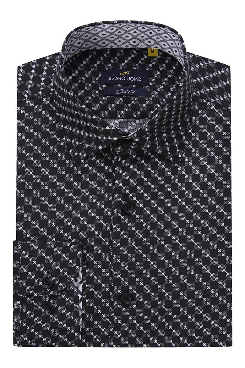 Slim Fit Geometric Print Performance Button-Up Shirt, Alternate, color, BLACK