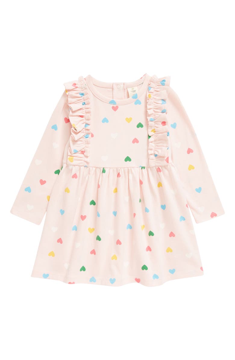 Tucker + Tate Heart Print Shoulder Ruffle Long Sleeve Cotton Blend Dress, Main, color, Pink English Happy Hearts