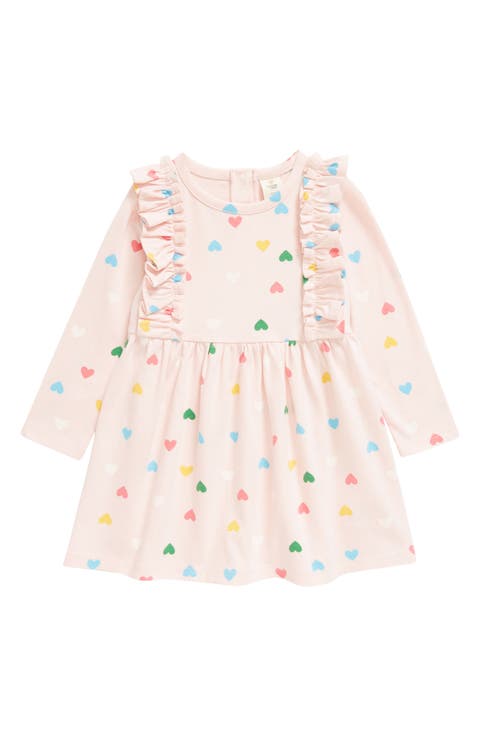 Heart Print Shoulder Ruffle Long Sleeve Cotton Blend Dress