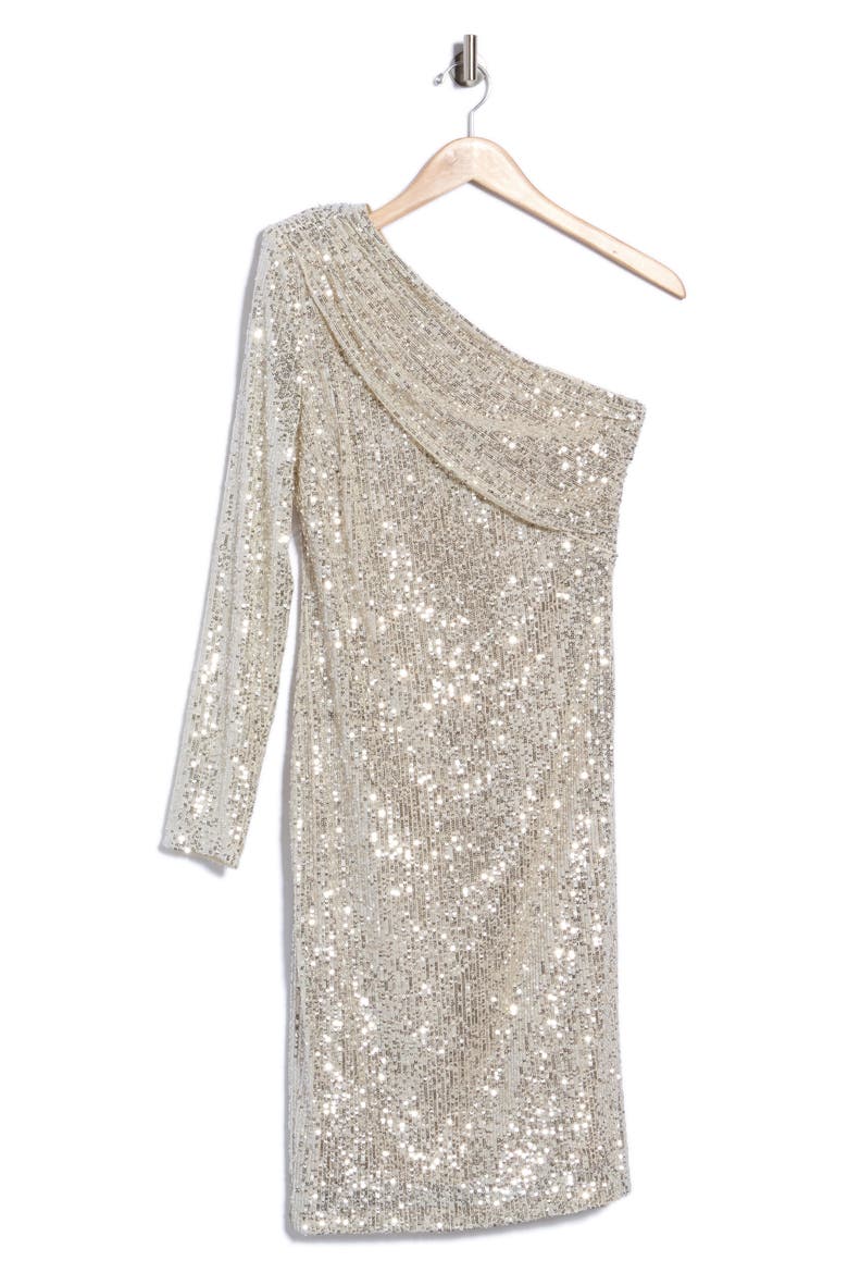 One-Shoulder Long Sleeve Sequin Sheath Dress, Alternate, color, SIL