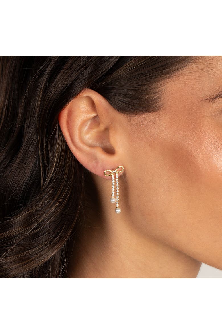 Pearl Bow Tennis Drop CZ Stud Earring, Alternate, color, White