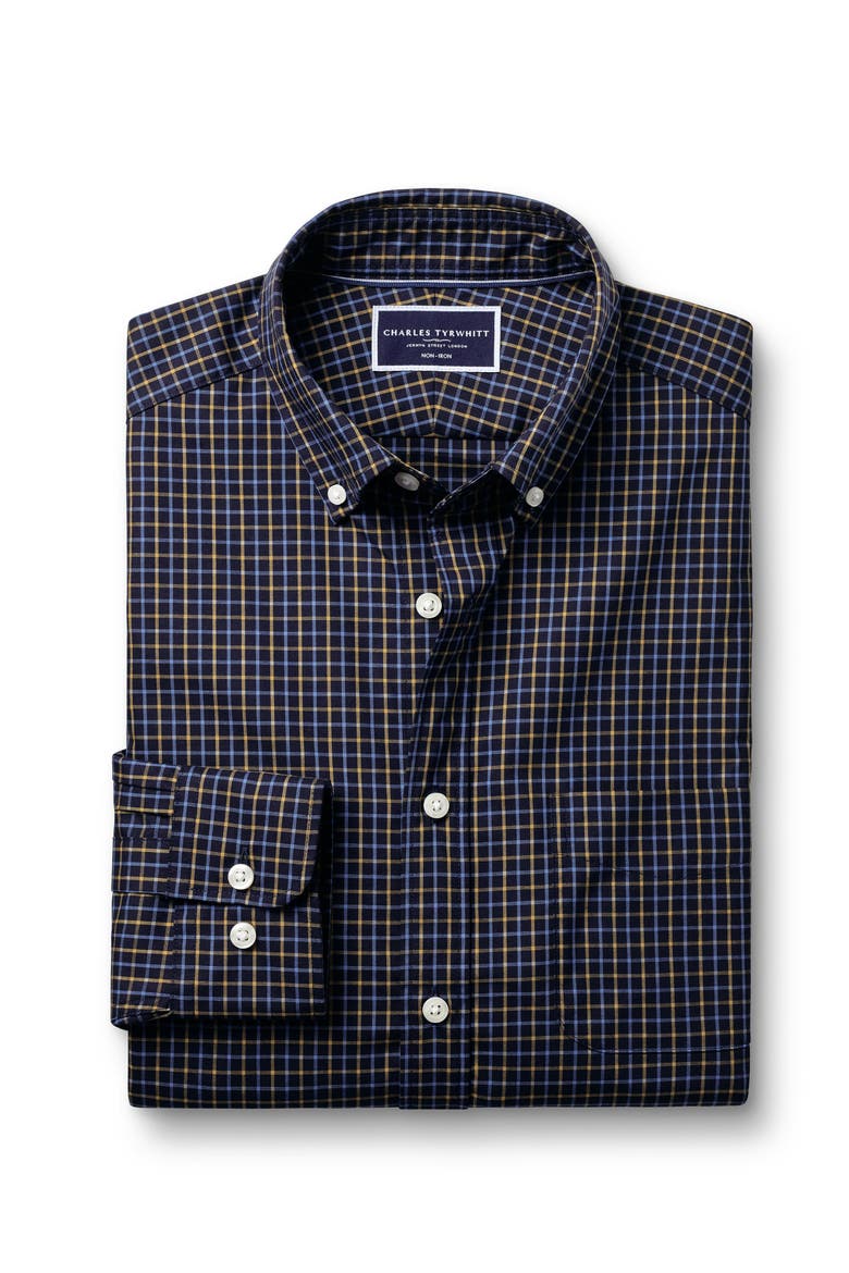 Slim Fit Button-Down Collar Non-Iron Stretch Poplin Check Shirt, Alternate, color, Gold