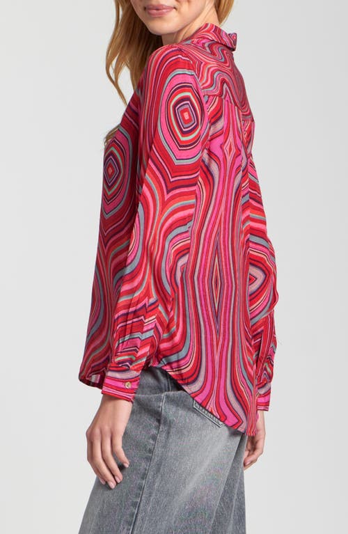 Apny Abstract Print Roll Tab Sleeve Chiffon Button-up Shirt In Pink