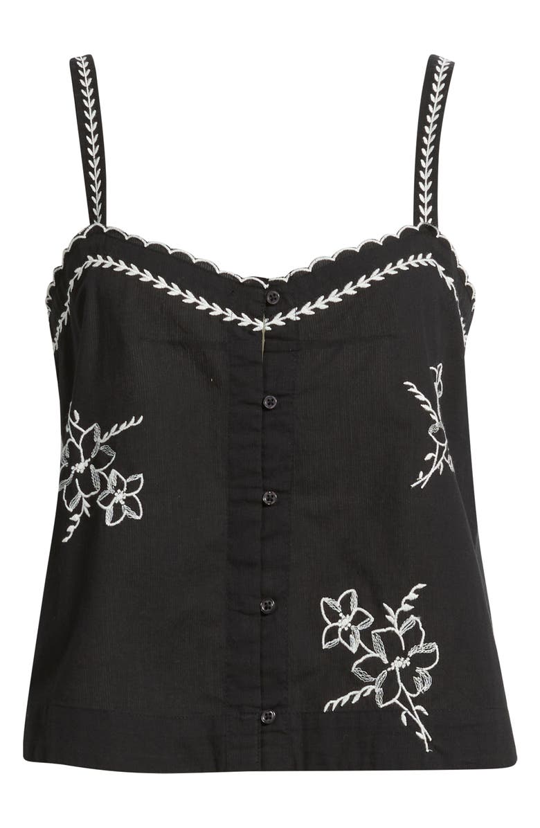THE GREAT. The Weekend Floral Embroidered Button-Up Top, Main, color, Black