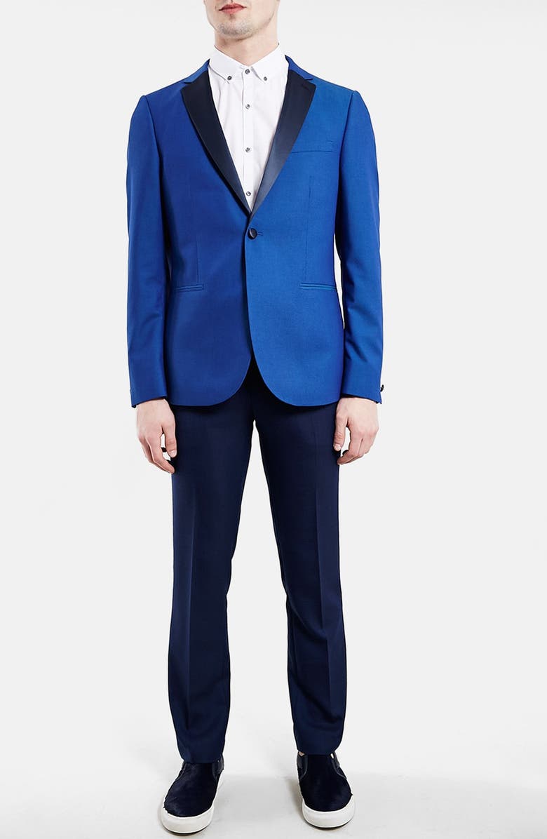Topman Blue Skinny Fit Tuxedo Jacket, Alternate, color,