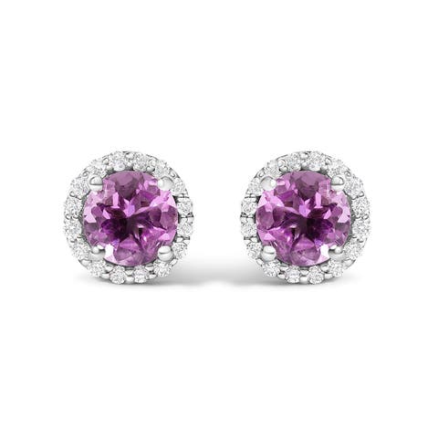 10K Gold Gemstone and 1/6 Cttw Diamond Halo Stud Earring