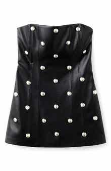 MANGO Carla Stud Detail Strapless Faux Leather Dress