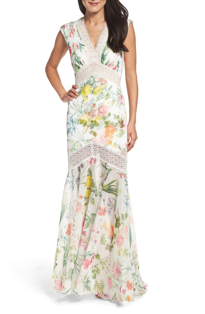 Tadashi Shoji Floral Pleat Chiffon Trumpet Gown, Main, color,