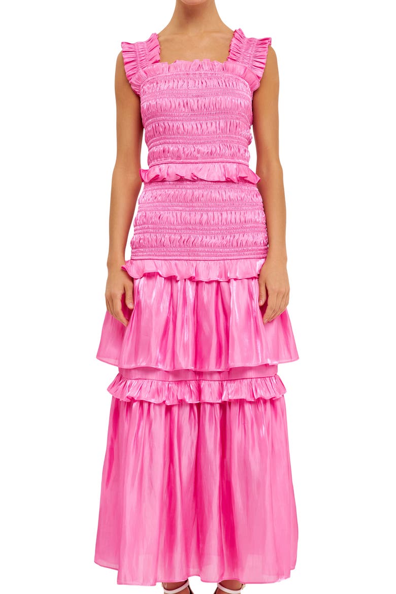 Sheer Smocked Tiered Maxi Dress, Alternate, color, PINK
