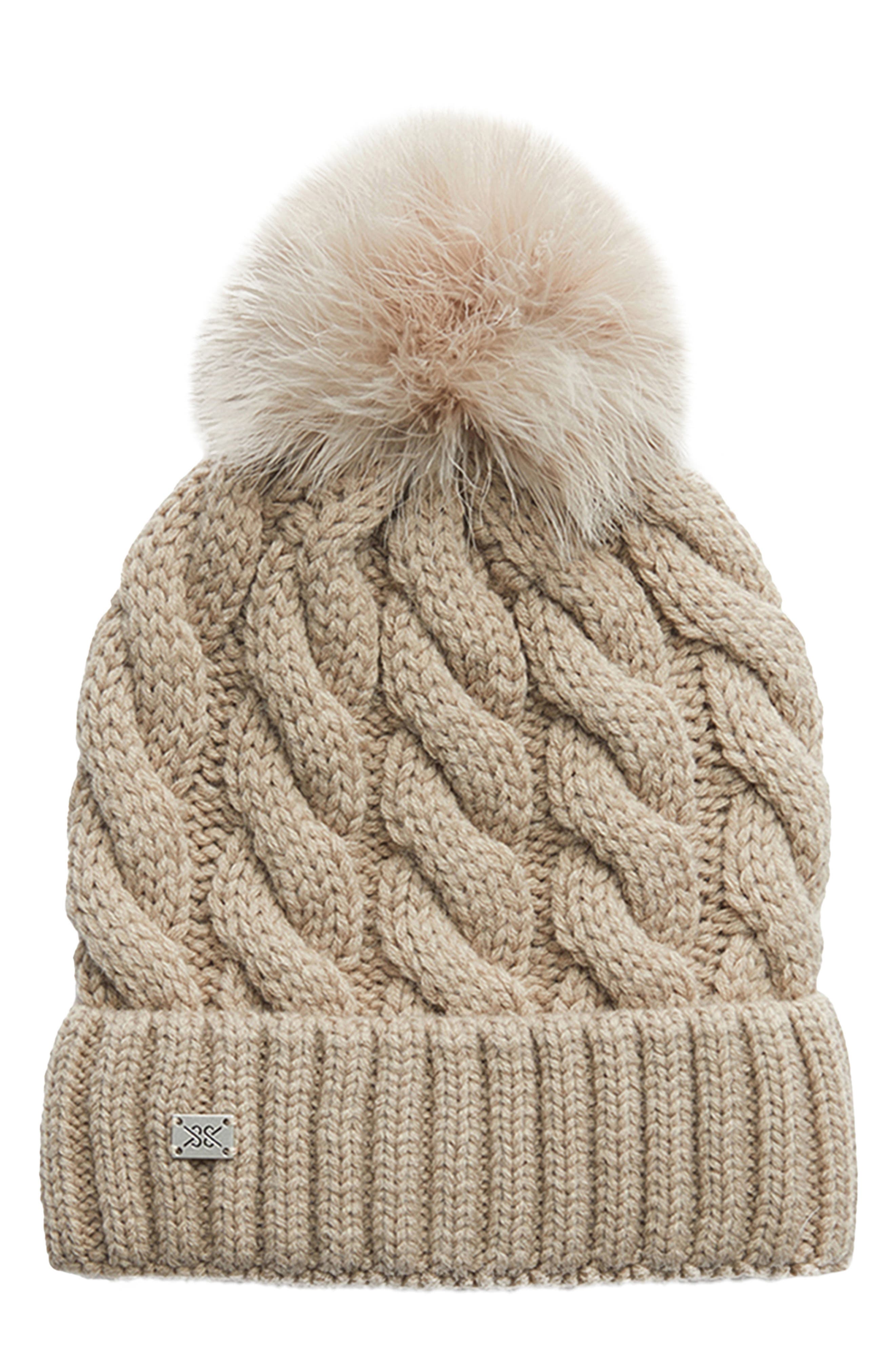 Soia & Kyo Amalie Wool Blend Cable Knit Pom Beanie in Hush 