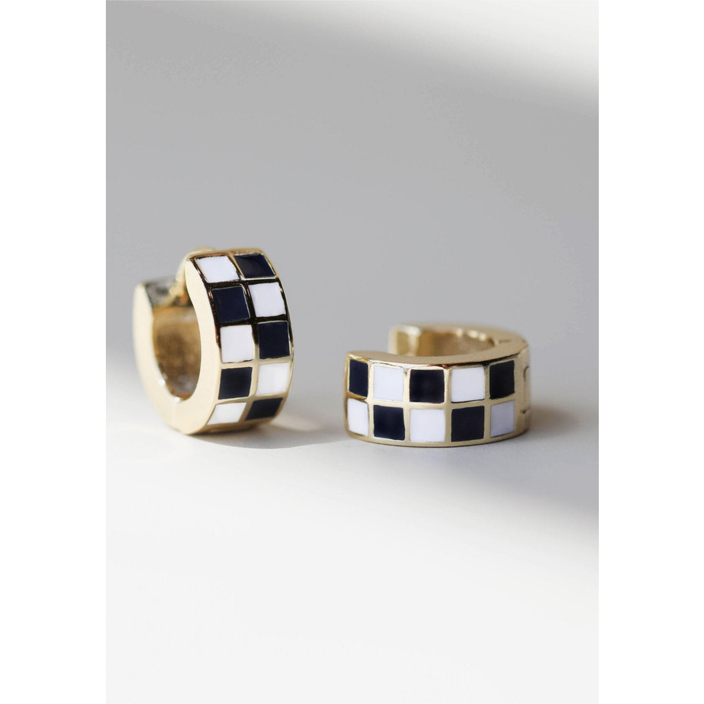 Nickel & Suede Checkered Enamel Huggies