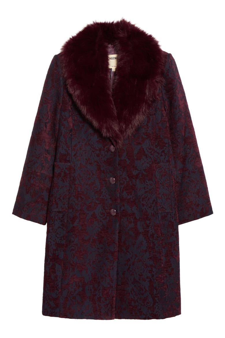 Laney Metallic Faux Fur Collar Coat, Main, color, DEEP SANGRIA/MIDNIGHT JACQUARD