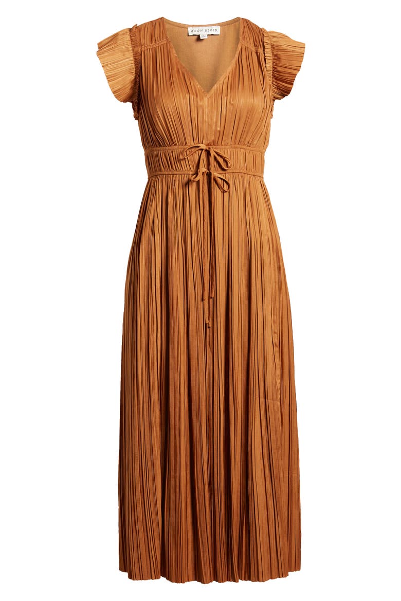 Pleated Tie Waist Midi Dress, Alternate, color, COPPER