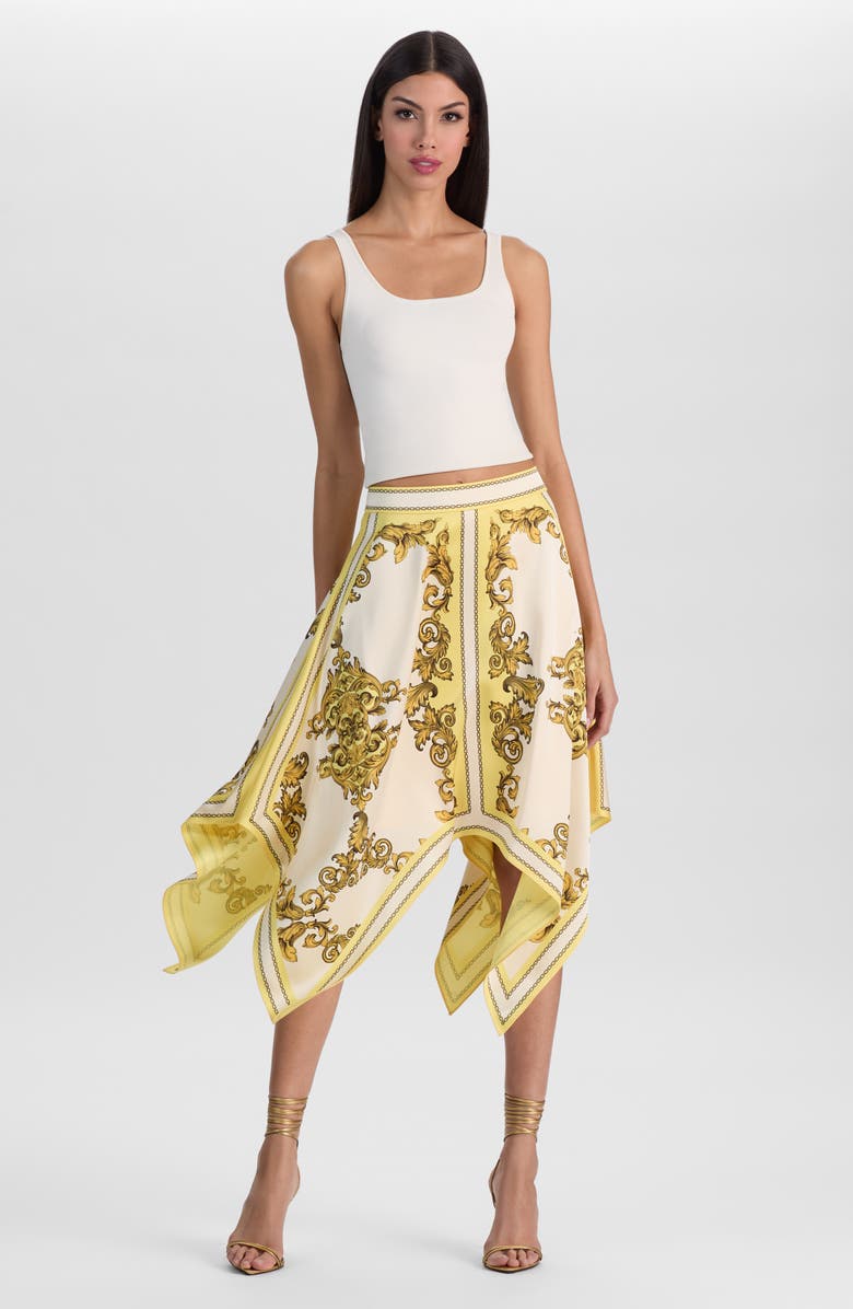 Alice + Olivia Davina Print Handkerchief Hem Skirt, Alternate, color, Golden Coast